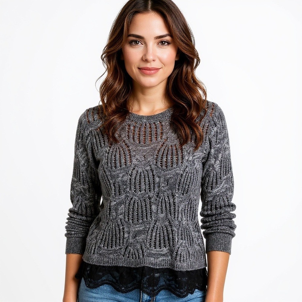 FYLO London Lace Hem Soft Knit Sweater Pullover Black Gray Size S Women’s Cozy
